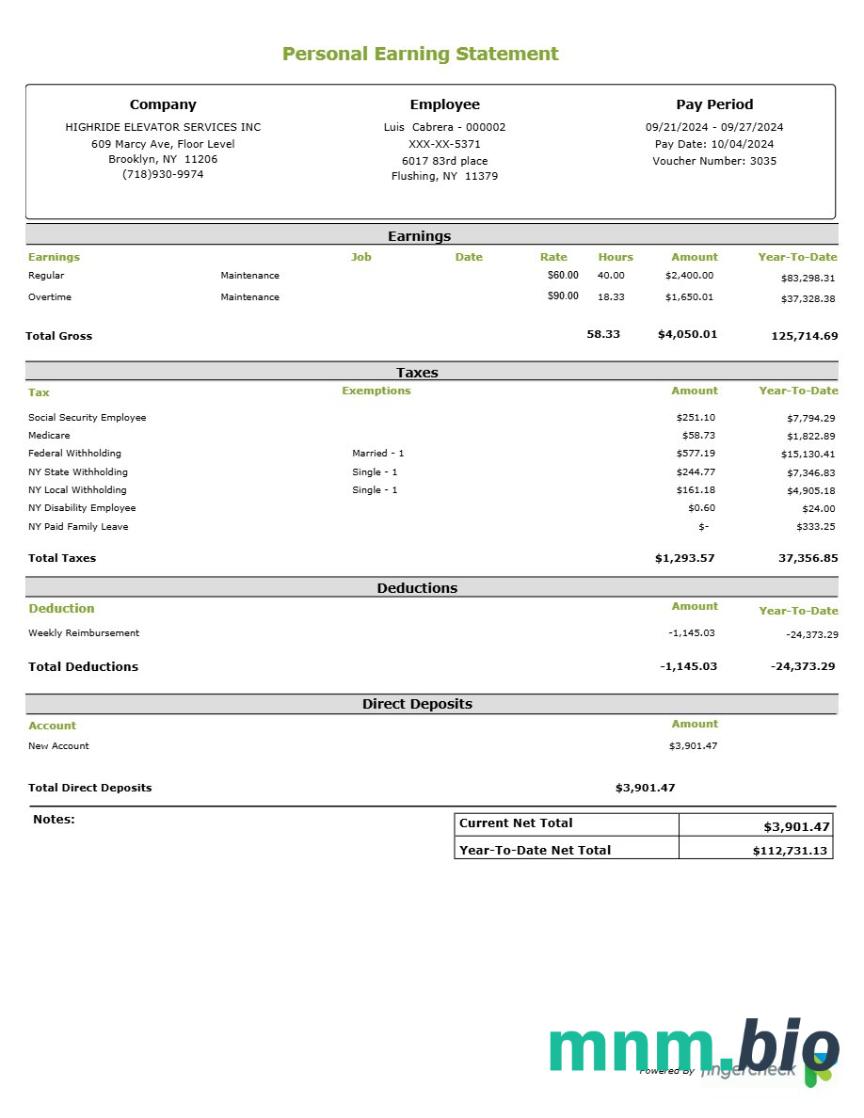 Highride Elevator Services INC personal earning statement template w formatach Word i PDF
